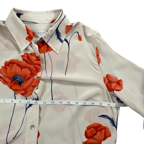 Woman's‎ SD Collection Silk Lt. Taupe and Orange Poppy Button-Down Shirt Blouse - Picture 5 of 6